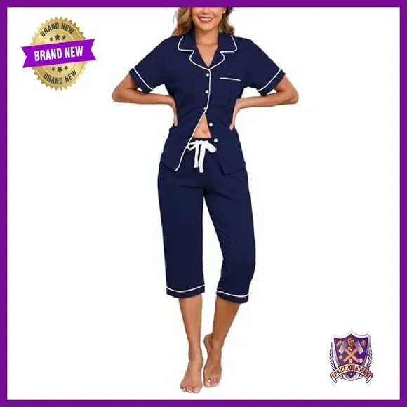 100% Cotton Pajama Set Short Sleeve Button Down Capri Sleepwear